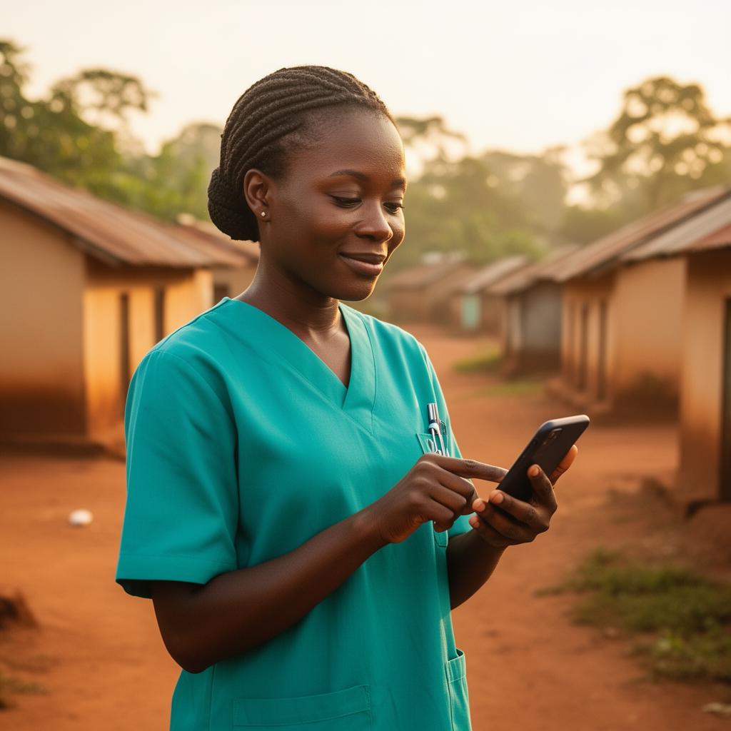 A community health worker using MamiCare on a smartphone in Cameroon